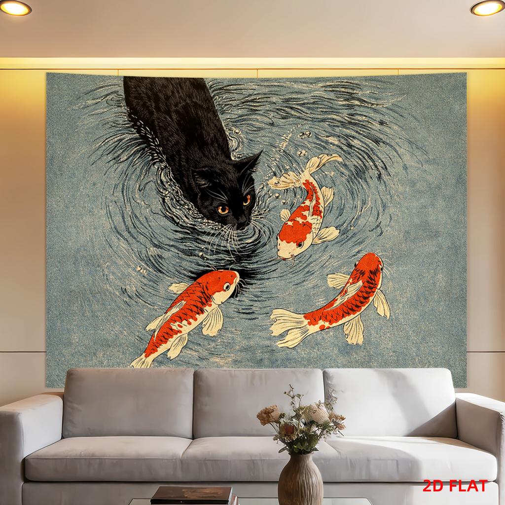 2D Flat Cat And Koi Fish Tapestry, Black Cat Goldfish Water Design Wall Hanging For Living Room Office Meditation Party Decor