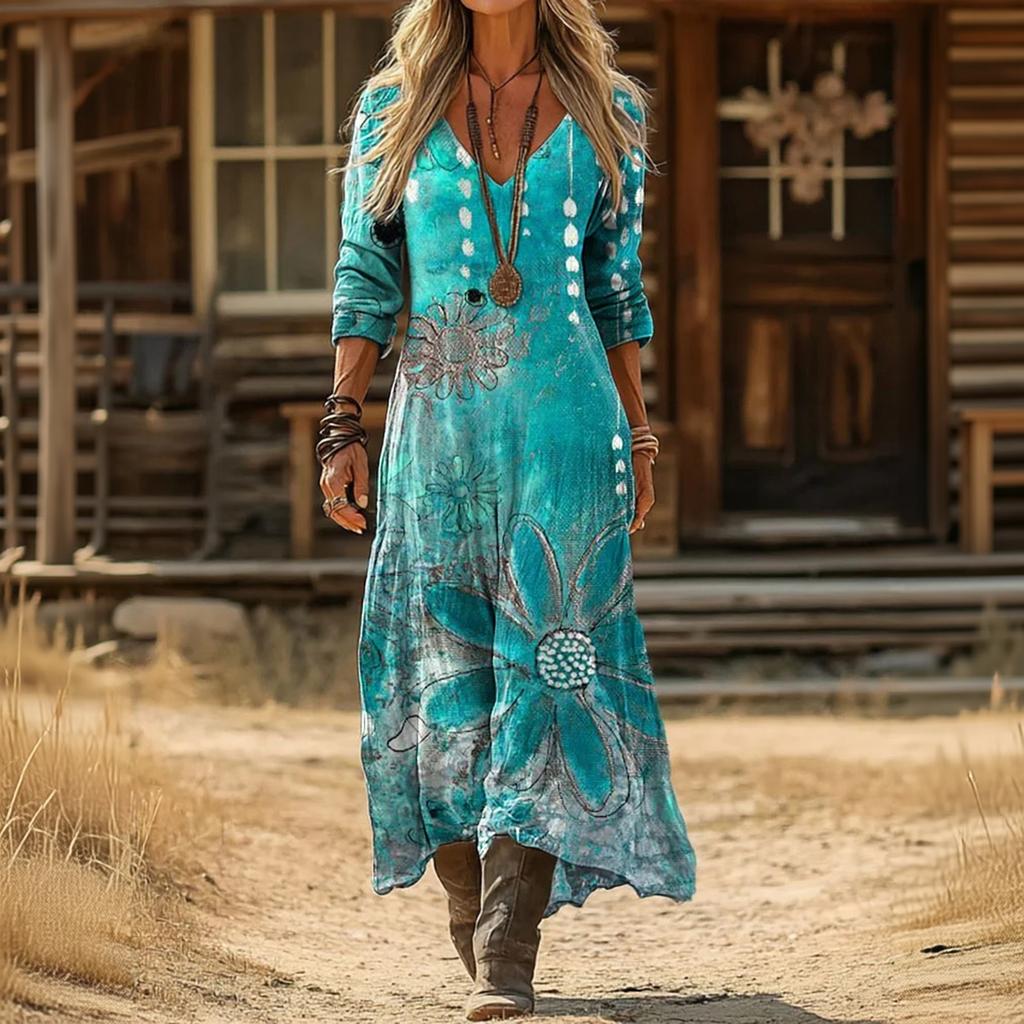 Women's Vintage Ethnic Floral Print Long Sleeve Dress Bohemian Vacation Beach Maxi Dress with V Neck and Relaxed Fit