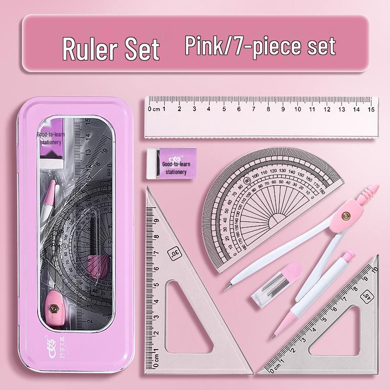 7-Piece Student Exam Ruler Set: Compass, Protractor, Triangle, and Straight Ruler