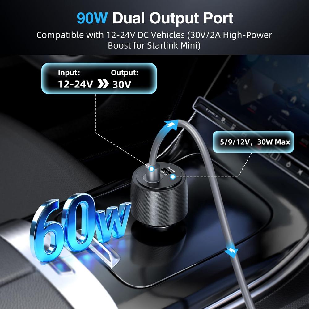 Car Charger Adapter 1 in 1 Multifunctional for Starlink Mini Cigarette Lighter Adapter 11V DC USB C 9V 1A PD Converter