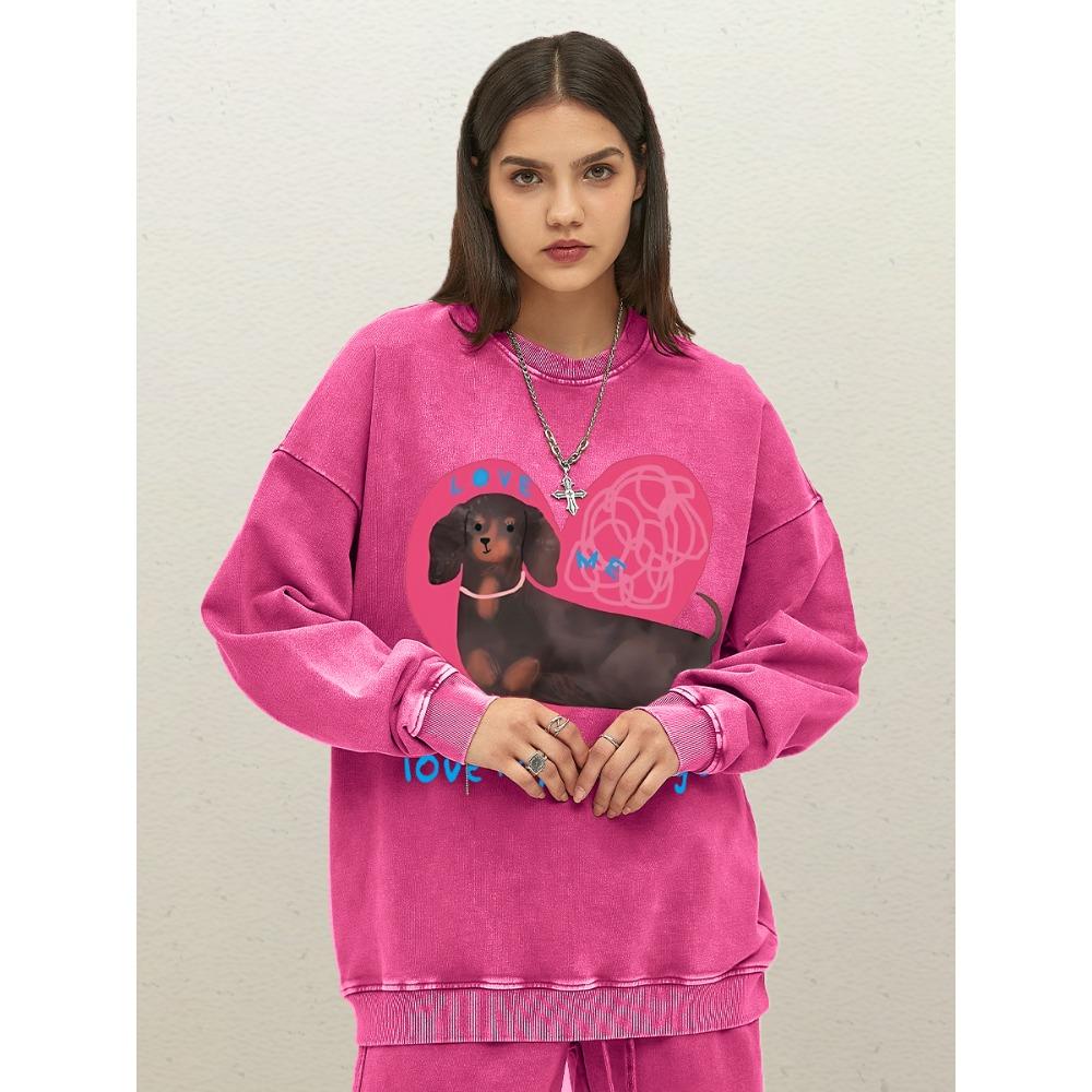 

Люби меня Сосиска Розовое Сердце Мультяшный Принт Собаки Женский Выстиранный Свитшот Повседневный Свободный Уличный Стиль Хлопковые Пуловеры 2XL