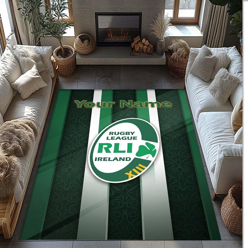 Ireland Rugby Crystal Velvet Rug, Custom Name Text Personalized Non‑Slip Floor Mat for Home Decor Gift