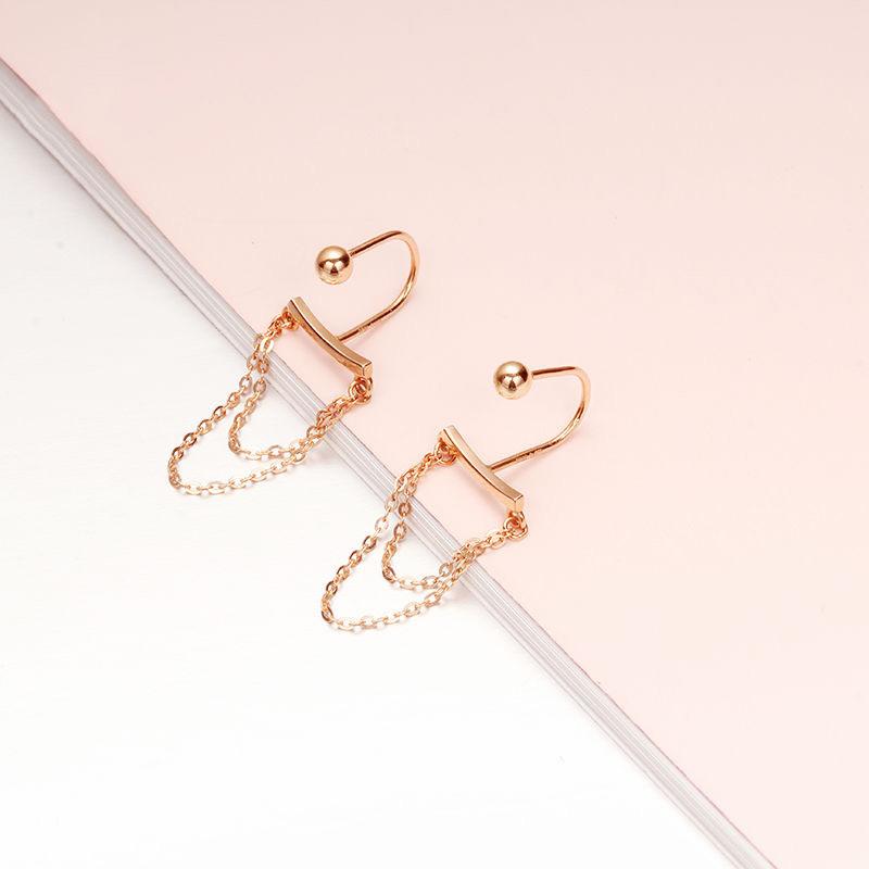 Exquisite Russian 585 Purple Gold U-Screw Screw Smile Earrings Rose Gold Beaded Fringed Chain Earrings (rose gold plated pair)