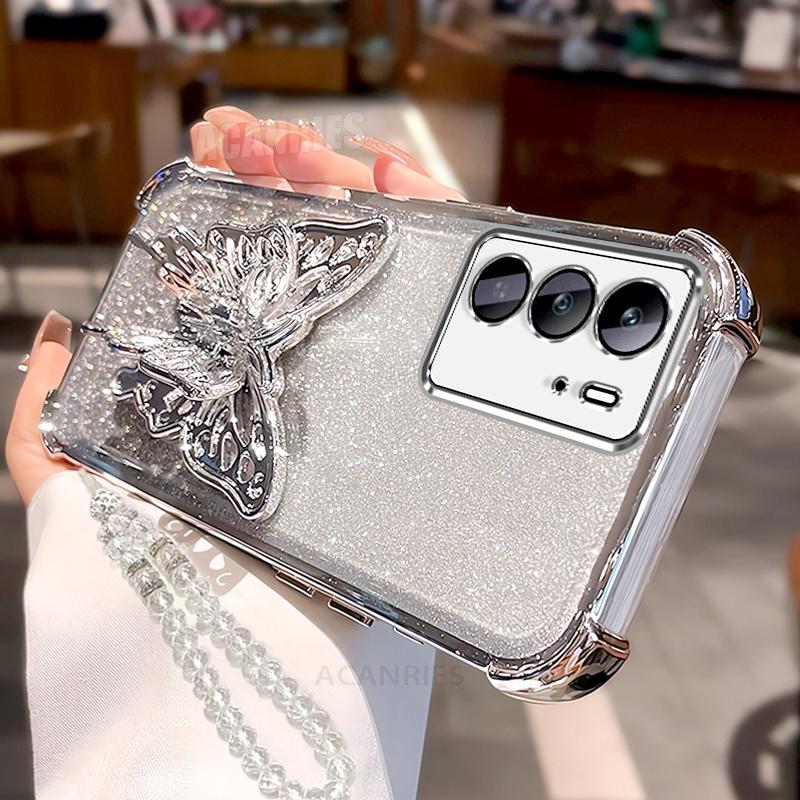 

Realmec75 Clear Lanyard Butterfly Holder Silicone Case For Oppo Realme C75 C63 C61 C55 C35 Plating Shockproof Stand Cover realme C21Y