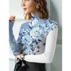 Women's Sexy Turtleneck Long Sleeve T-Shirt, Regular Length, All Seasons, Blue Flower Design