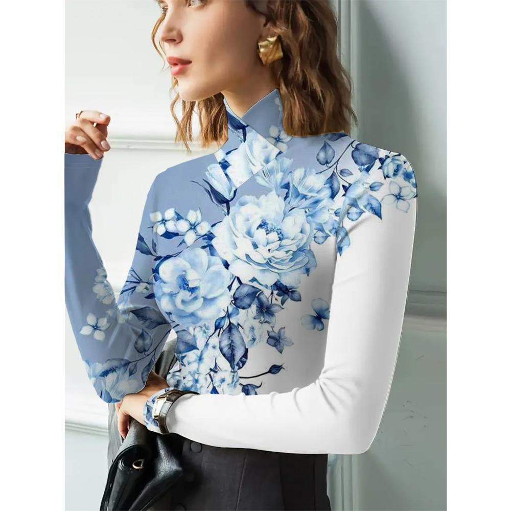Women's Sexy Turtleneck Long Sleeve T-Shirt, Regular Length, All Seasons, Blue Flower Design