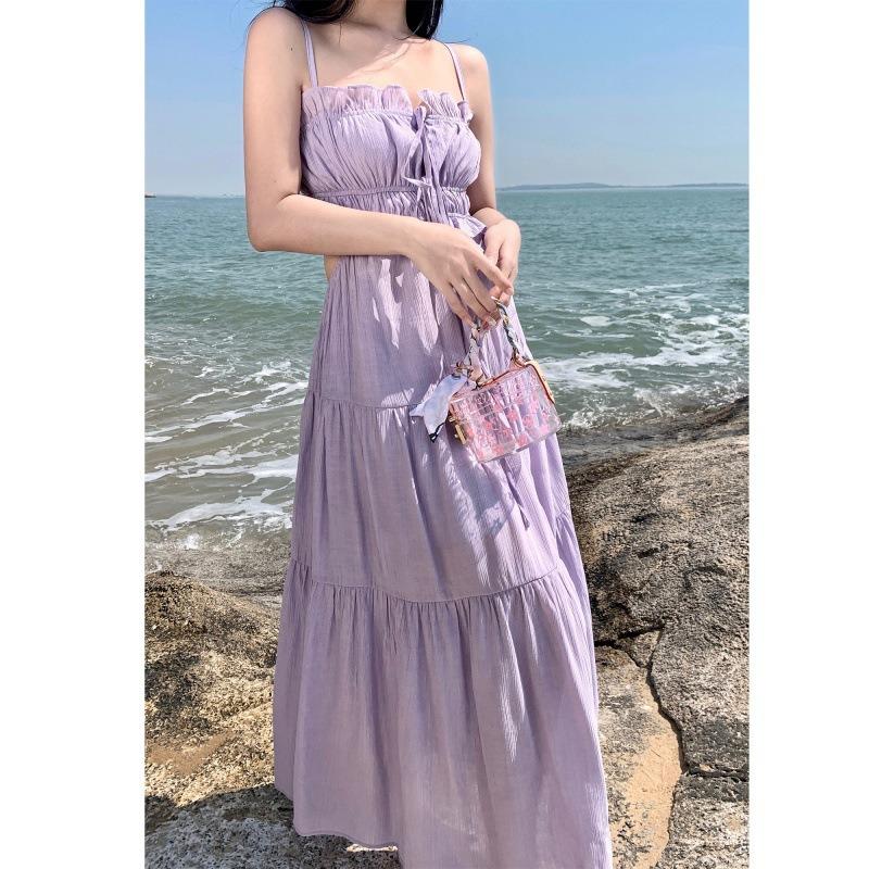 Summer Fairy Holiday Style Long Dress Large Skirt Exposed Waist French Sling Backless Dress