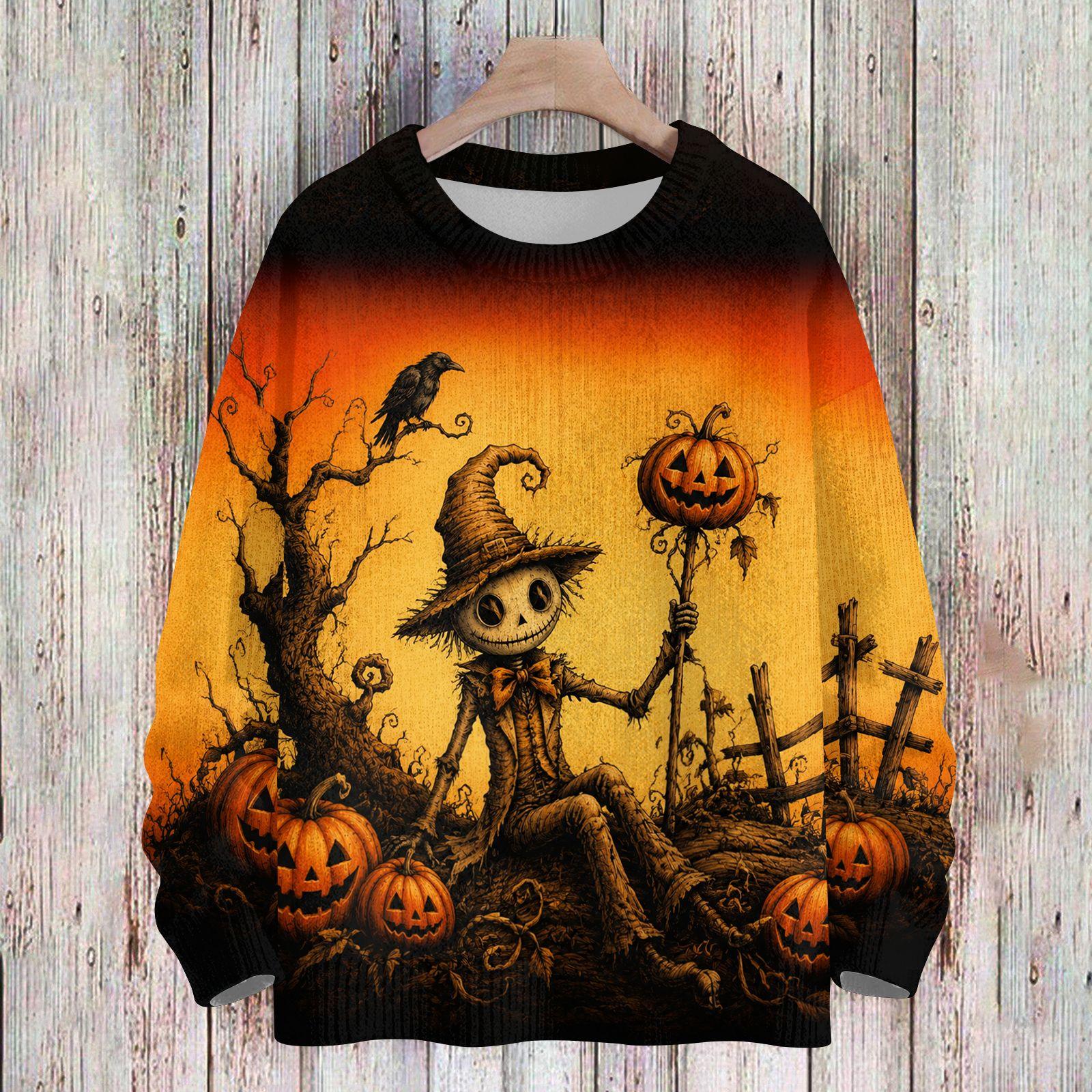 Damen Lässiger Langarm Halloween Print Rundhals Strickpullover Top S orange