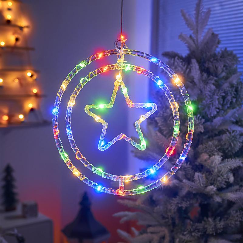 Christmas Decoration 3D Pentagram  Moon  Elk Snowflakes Hanging Lights for Christmas Windows Holidays