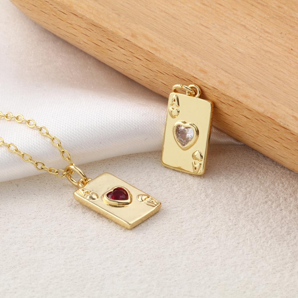 2 PCs Brass & Cubic Zirconia Poker/ Paper Card/ Game Card Charms 18K Gold Plated Poker Card Heart Pendant Necklace DIY19mm x 9mm