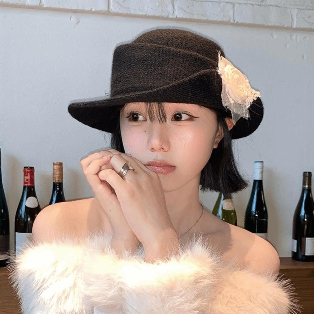 Floral Black Knitted Hat French Style Women Fisherman Hat Retro Hepburn Style Topper Hat Dinner