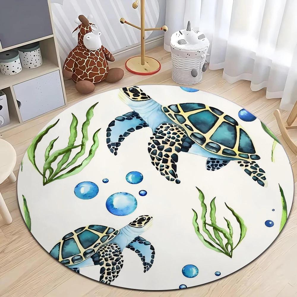 Sea Turtle Group Beach Round Rug Durable Floor Mat for Kids Room Living Room Ocean Theme Home Decor Carpet