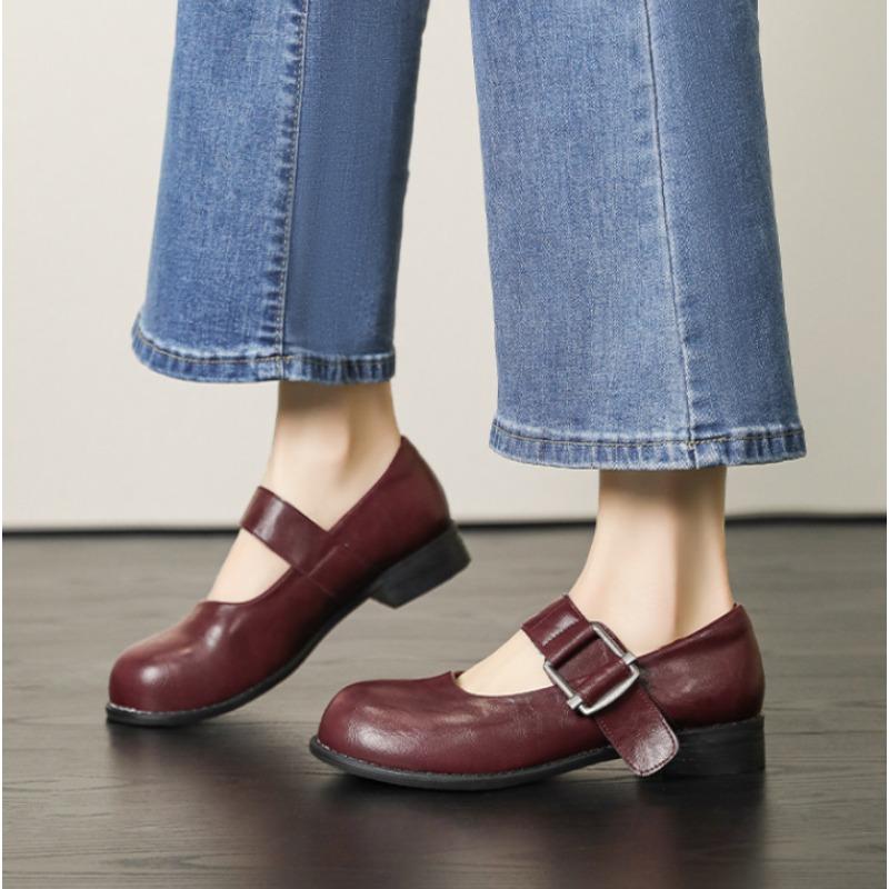 Retro Black Red Mary Jane Shoes Women Thick Heels Ankle Buckle Lolita Shoes Woman  Low Heel Shallow Mouth Single Shoes