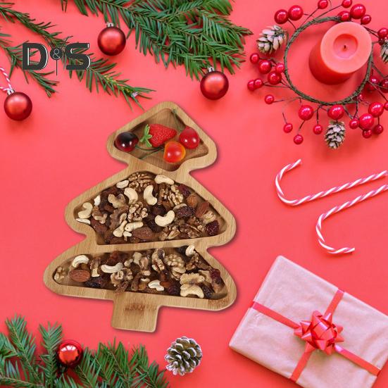 Christmas Snack Tray Bamboo Serving Plate Decorative Platter Nuts Display Desktop Food Tray Modern Home Fruit Bowl Christmas Tree Shape Party Snacks