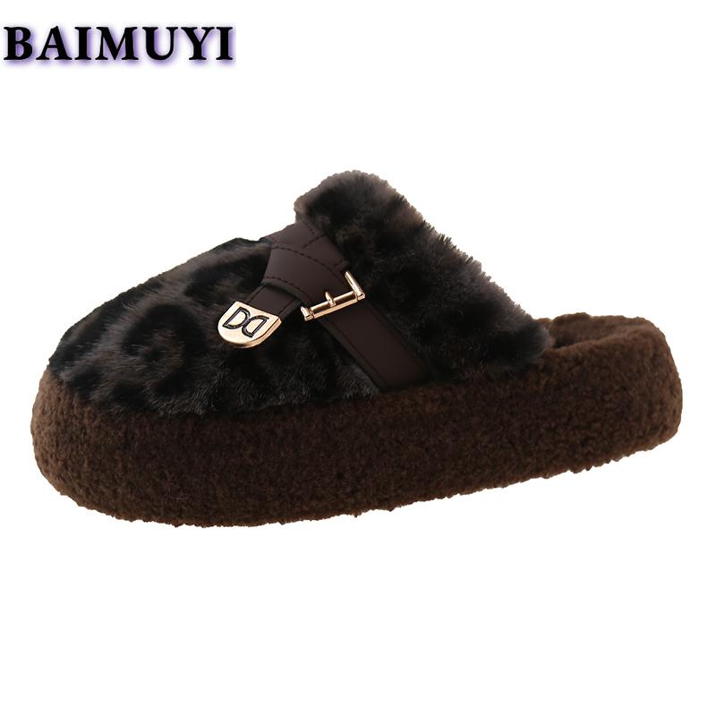 Fashion Leopard Women Platform Flats Fur Slippers Home Cotton Shoes Winter Casual Mules Shoes 2025 Trend New Flip Flops Zapatillas Mujer