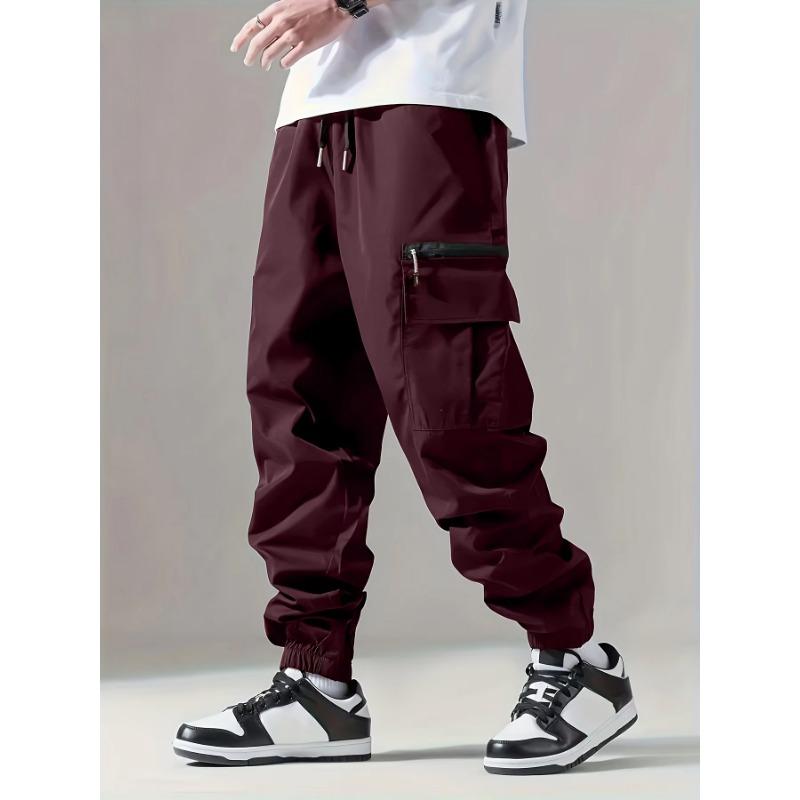 Men Drawstring Elastic Waist Zipper Pocket Cargo Pants Ankle Cuffed Jogger Casual Street Trousers