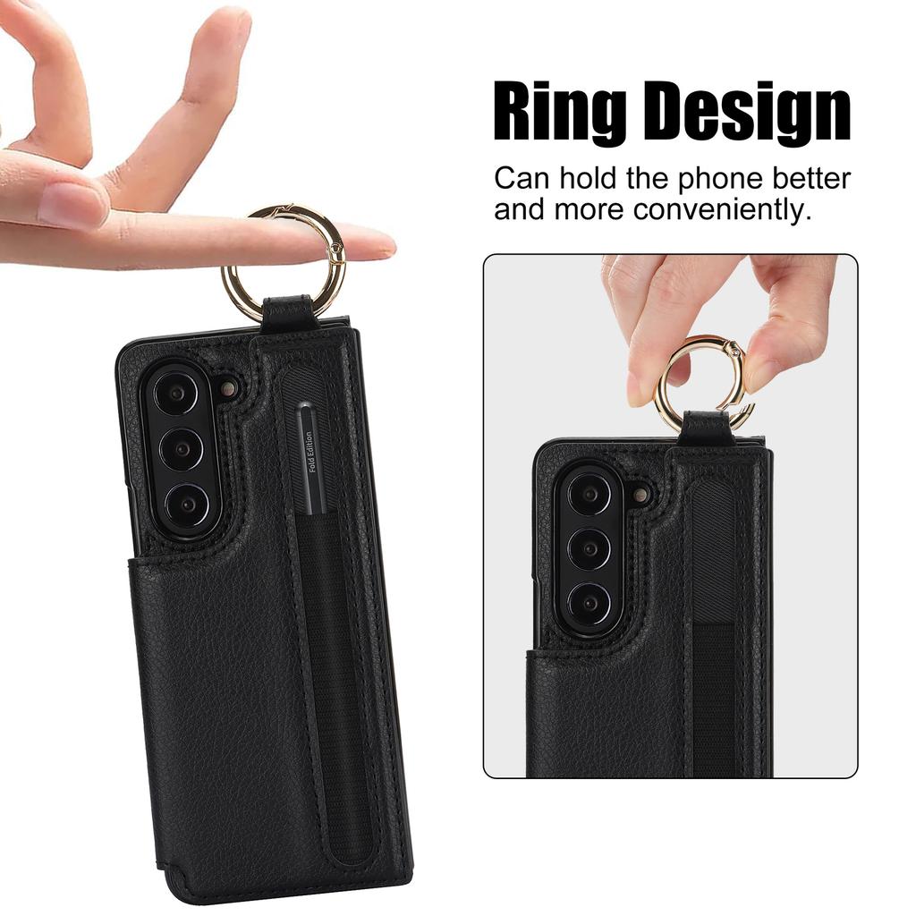 Fold7 Ring Leder Handyhülle für Samsung Galaxy Z Fold 7 6 5 4 3 Stifthalter Doppelschnalle Klapp-Kartenhalter Geldbörse Harte Abdeckung
