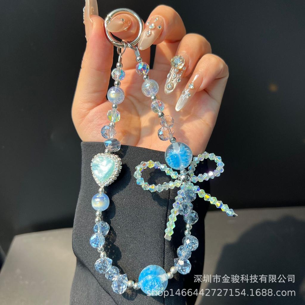 Ins Feng Shui Rhinestone Heart Phone Chain Crystal Bowknot Phone Chain Handmade Beaded Chain Rope New Anti-Lost Rope