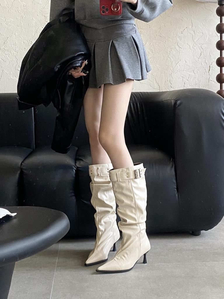 2027 European and American style belt buckle stack thin pointed thin heel boots