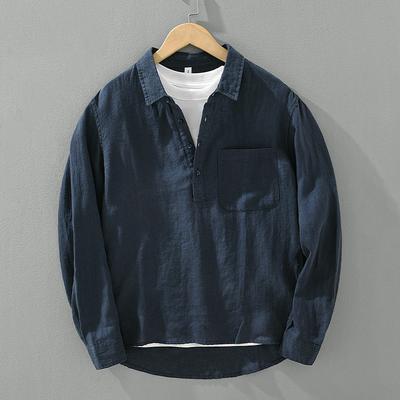 Linen Loose Square Collar Long Sleeve Shirt, Men's Pullover Leisure Stone Washed Linen Top, Outdoor Camping Natural Fabric