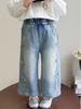 Girls' 2026 Spring Rhinestone Star Denim Jeans - Drapey Straight-Leg Casual Pants