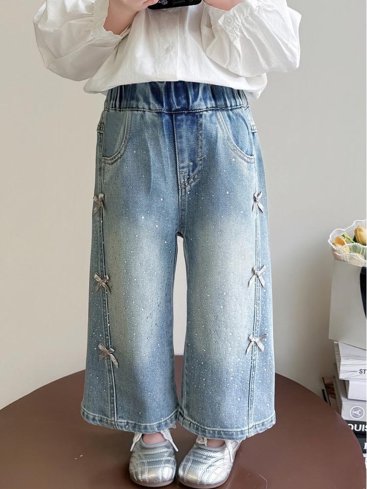 Girls' 2026 Spring Rhinestone Star Denim Jeans - Drapey Straight-Leg Casual Pants