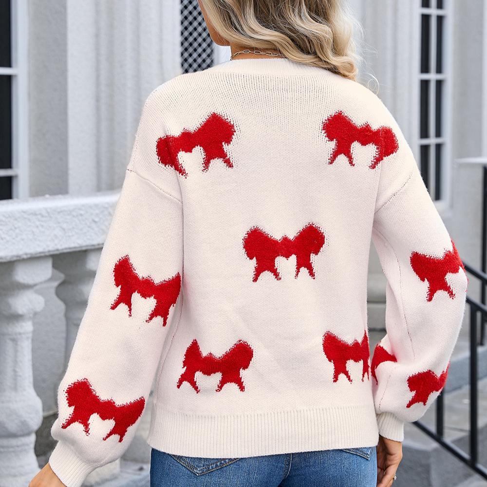 Autumn and Winter Women's Pullover Round Neck Long Sleeve Knit Bowknot Sweater