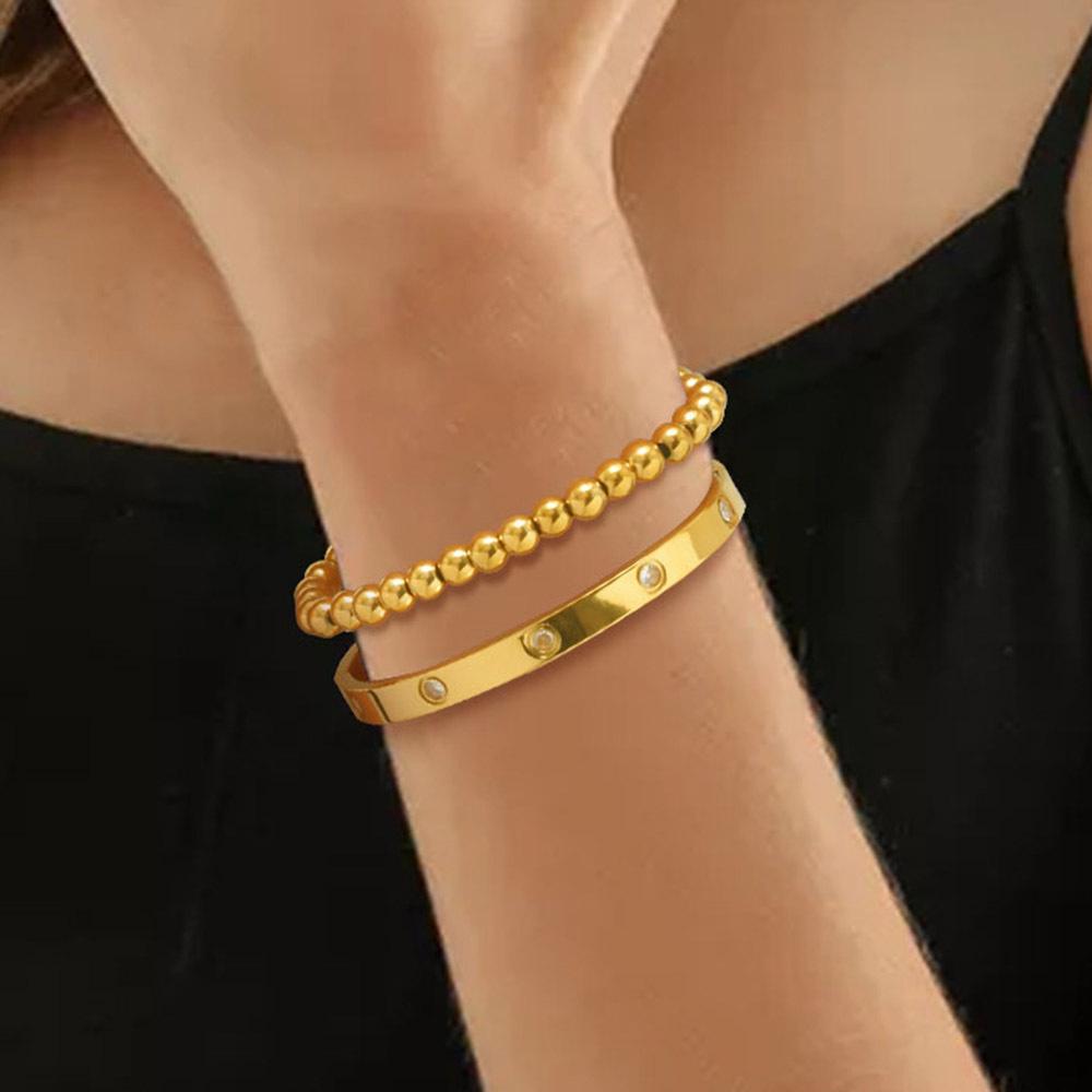 Vnox 2-8mm Women Bracelets Set, Simple Stacked Gold Plated Stainless Steel Beads Bracelets , Glam Love Gift Cuff Bangles for Her