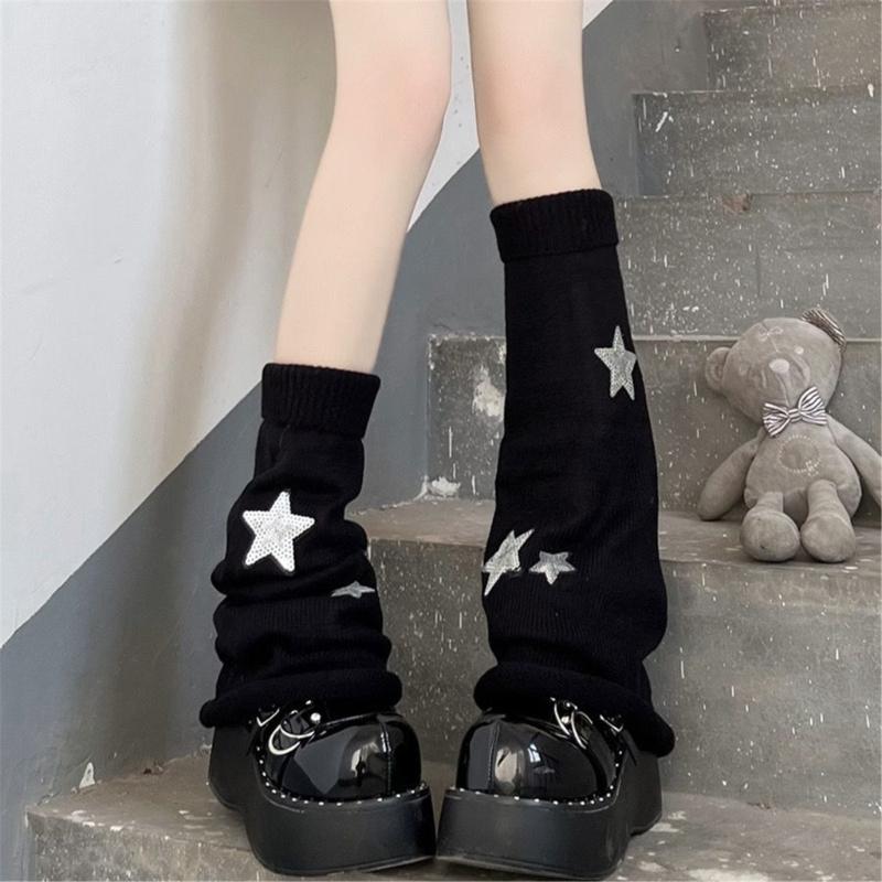 Girls Lolitas Leg Warmers Y2K Star Knitted Flared Leg Sleeves Goth Baggy Cuffs Ankle Heap Socks JK Uniform Foot Cover