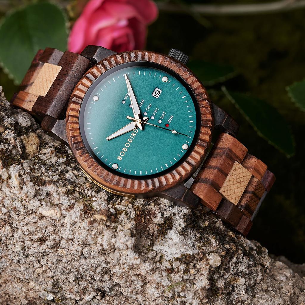 BOBO BIRD Orologio da Uomo in Legno con Movimento Analogico al Quarzo, Display Giorno-Data, Leggero Orologio in Legno Fatto a Mano (verde)