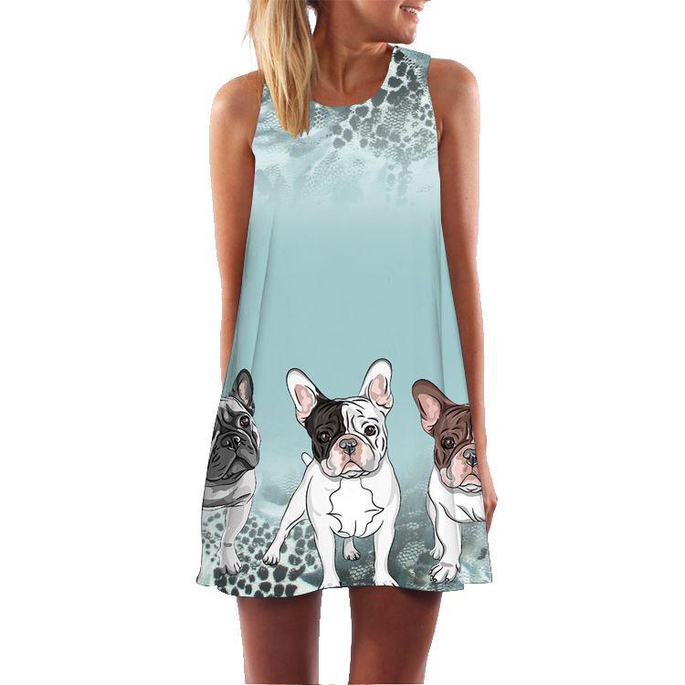 European and American Summer New Retro Digital Printing Round Neck Hot-selling Off-the-shoulder Medium and Long Vest Dress