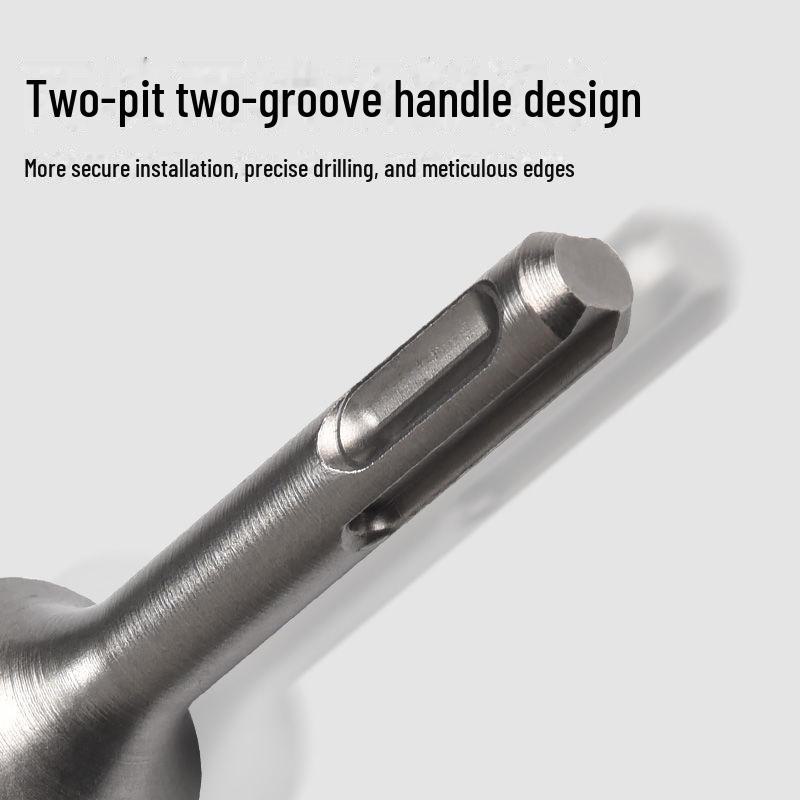 Impact Hammer Drill Bit for Drilling Through Concrete and Cement Walls with Round and Square Handles, Two Pits, and Two Grooves.
