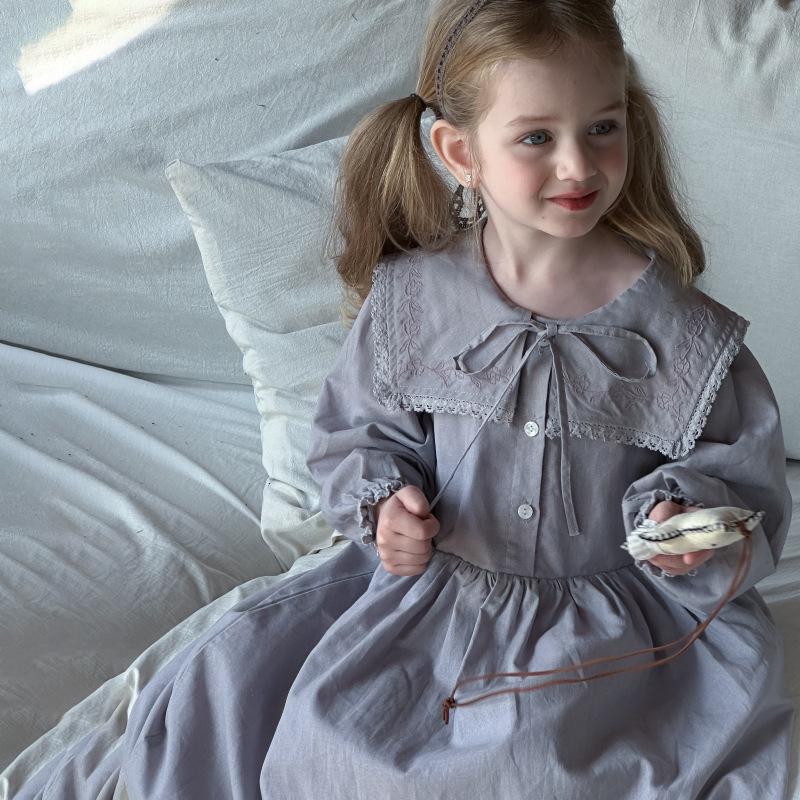 Girls' Spring Embroidered Lace Collar Long Sleeve Cotton Dress
