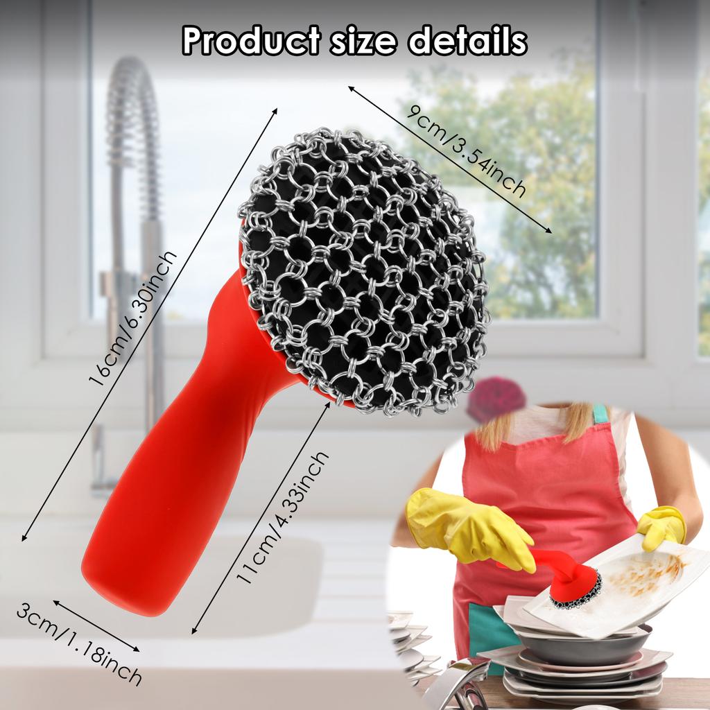 Cast Iron Scrubber with Silicone Handle Kitchen Rust Pot Pans Cleaning Brush Rust Remover Stubborn Stain Metal