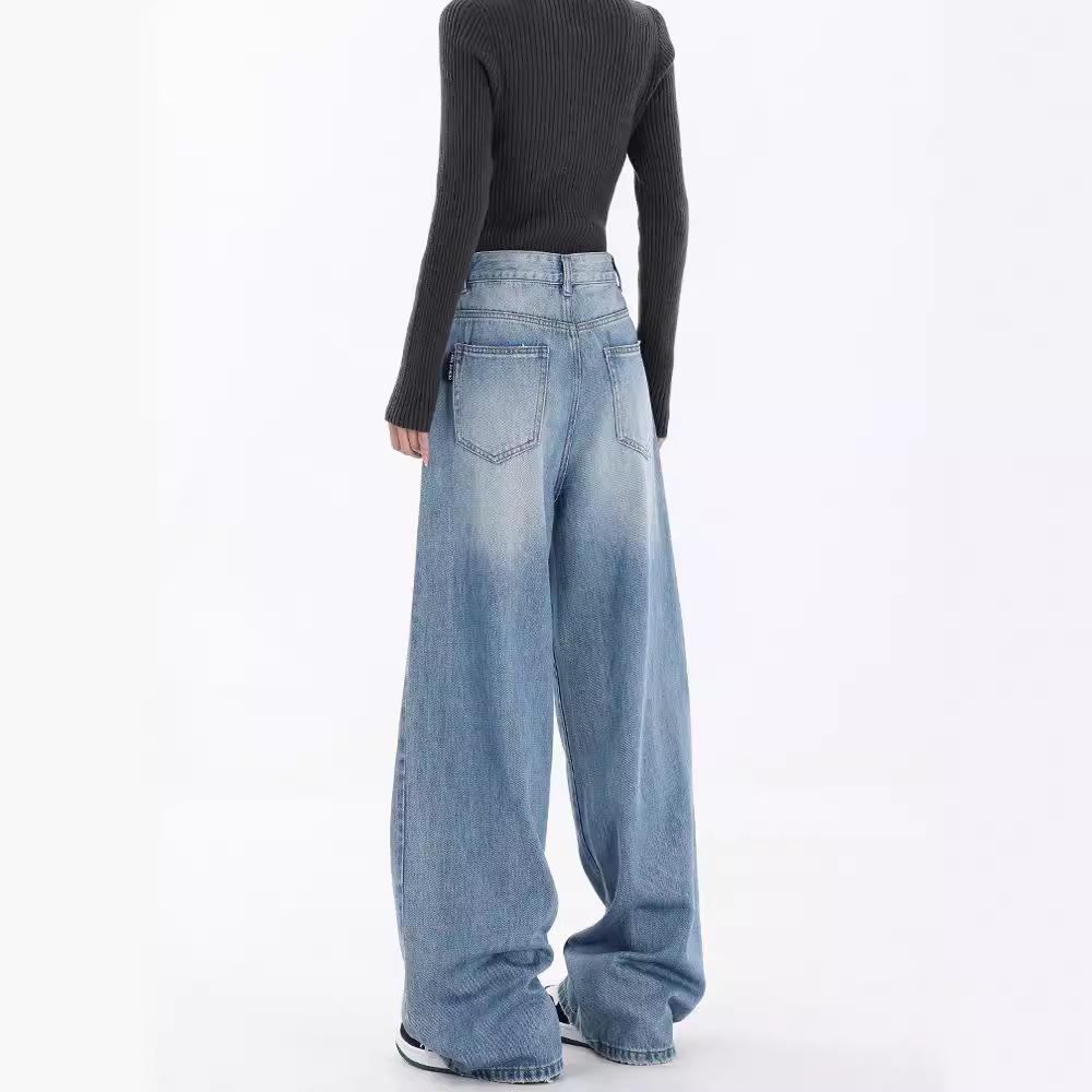 Women’s Plus Size Retro Loose Jeans: Contrast Splicing, Straight-Leg, Floor-Length, Perfect for Spring and Autumn