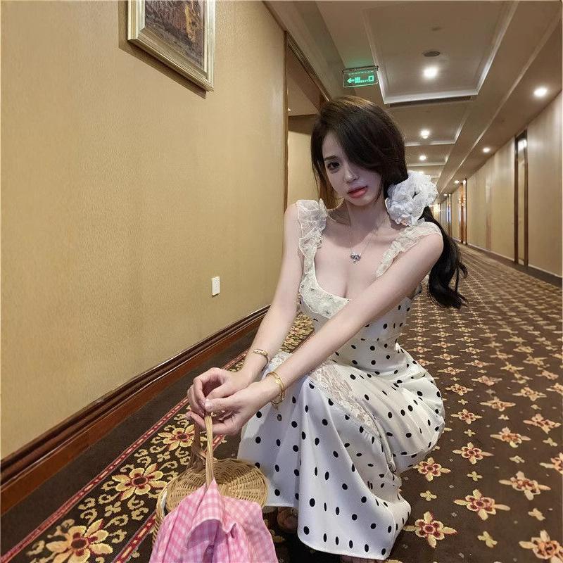 Polka dot lace long backless dress women's summer new sweet waist and thin temperament suspender dress