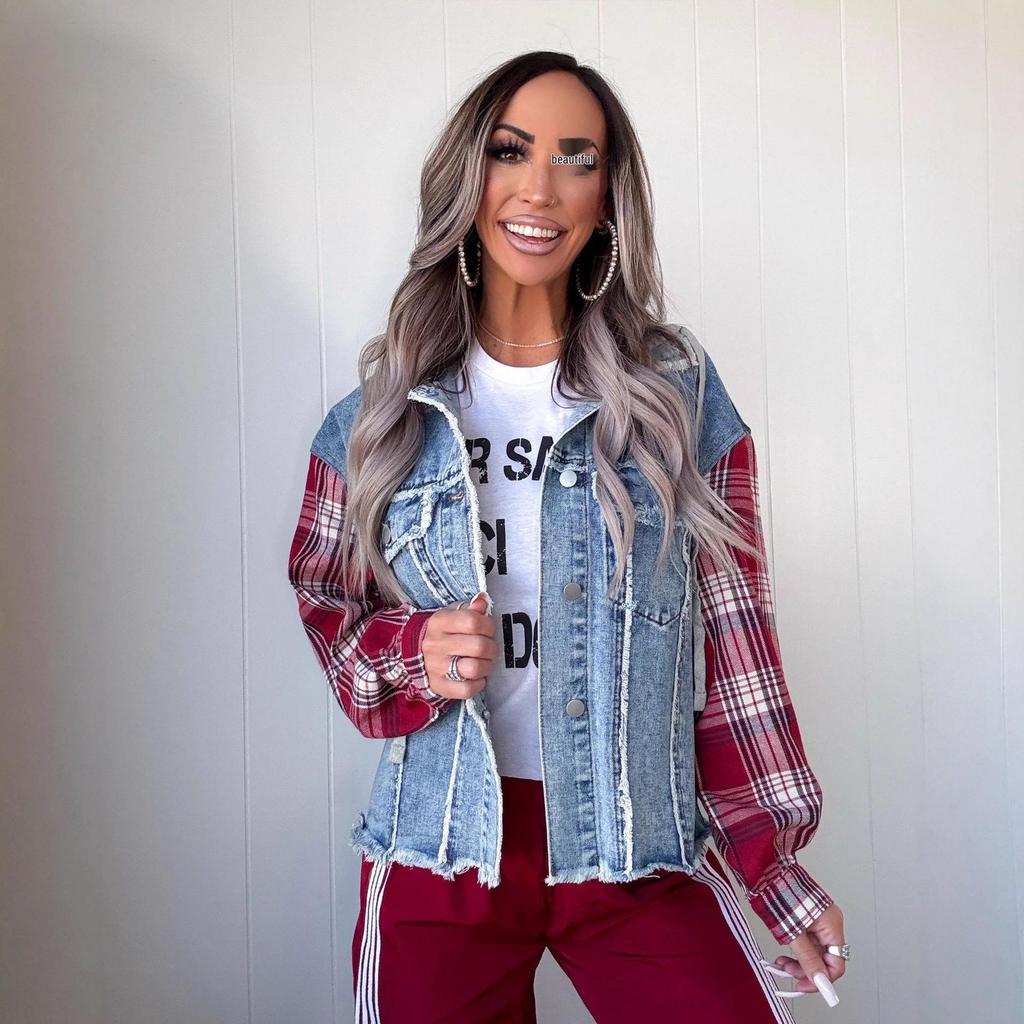 Damen Karo-Denimjacke mit ausgefranstem Rand - 26 Jahre Europäisch-Amerikanisch Herbst/Winter Street Trendy Stil, Artikel 89384.