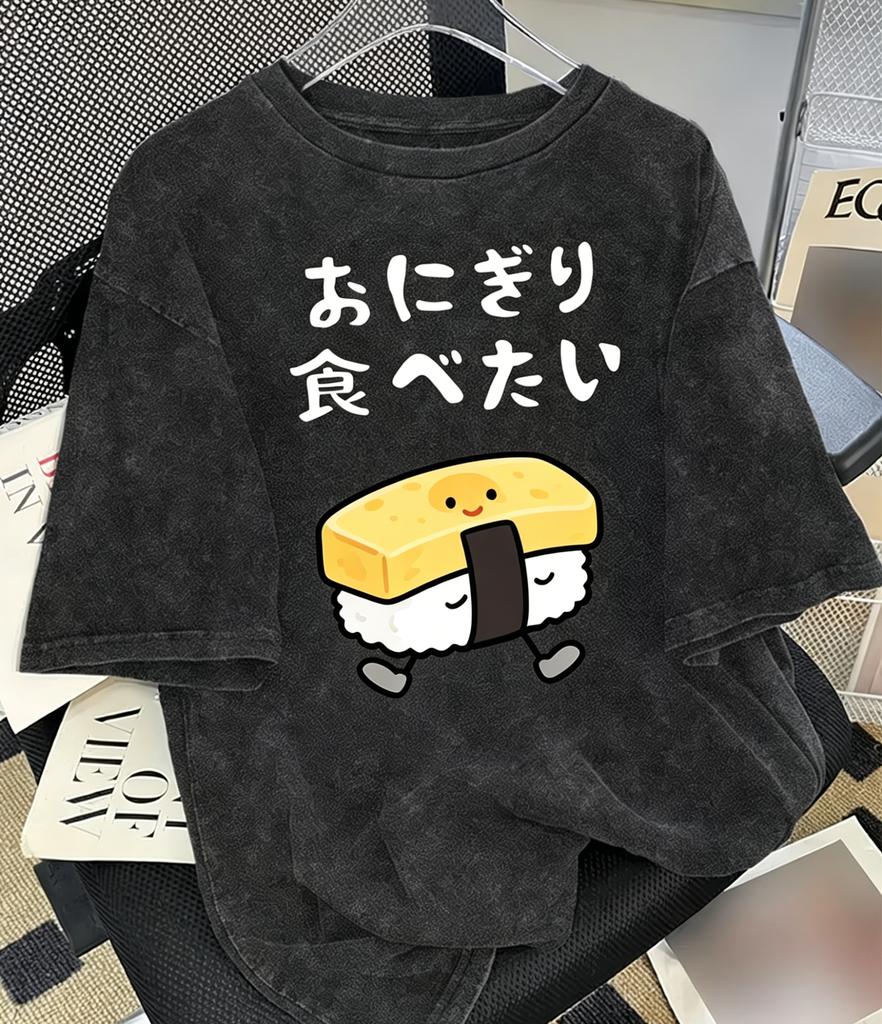 Kawaii Sushi Graphic TShirt Washed Cotton Japanese Streetwear Harajuku Funny Anime Tee Short Sleeve Casual Top Summer