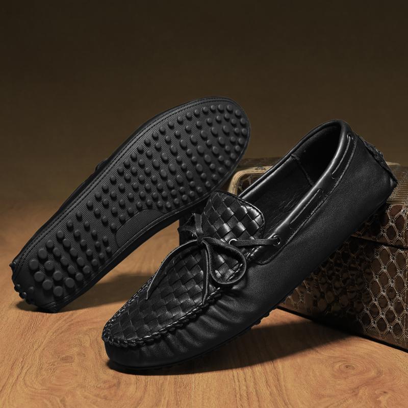 Genuine Leather Casual Shoes Men Summer Luxury Flats Mens Loafers High Quality Slip On Black Weave Office Handmade Driving Shoes