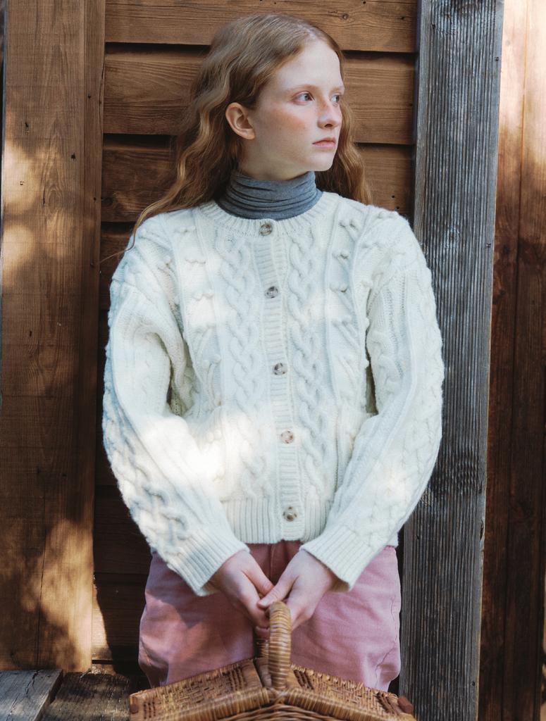 CLUNY Pompom Cable Knit Cardigan - Ivory