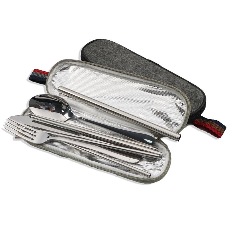Stainless Steel Portable Tableware Stainless Steel Straw Chopsticks Fork Soup Spoon Combination Set Seven Piece Set Dinner Set