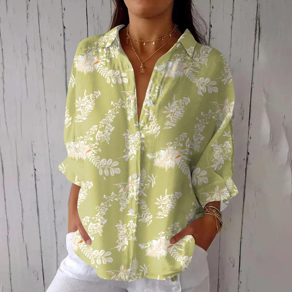 Women's Fashion Seven Sleeve Casual Lapel Back Tie Shirt Printed T-Shirt Top