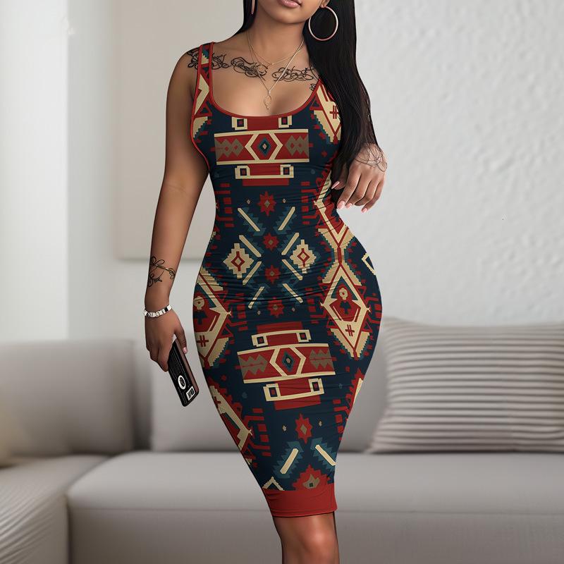 Neuer Retro-Casual-D-Digitaldruck Rundhals Ärmellos Hüftrock WQ