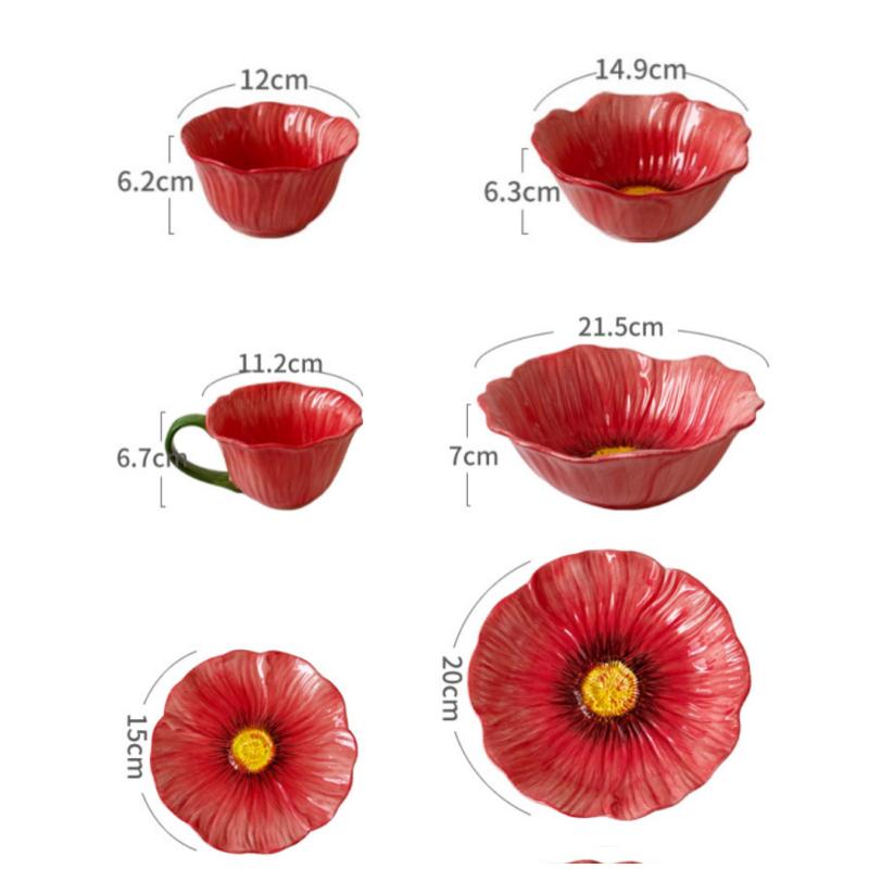 Flower Porcelain Plate Red Flowers Tableware Dining Plate Ceramic Bowl Coffee Cup Mug Household Tableware Set Table Kitchen Tool