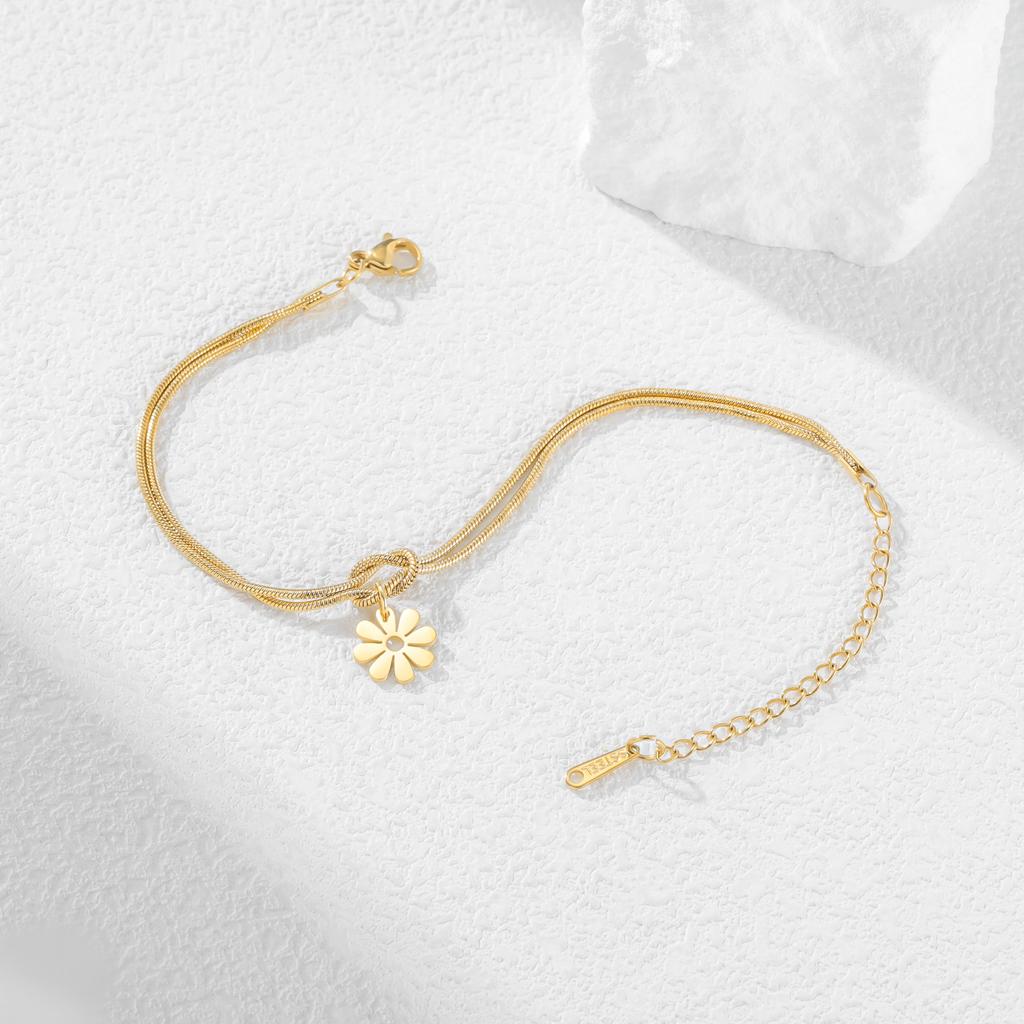 Teamer Daisy Charm Bracelet Stainless Steel Forever Knot Double Layer Snake Chain For Women Girls Trendy Flower Pendant Jewelry