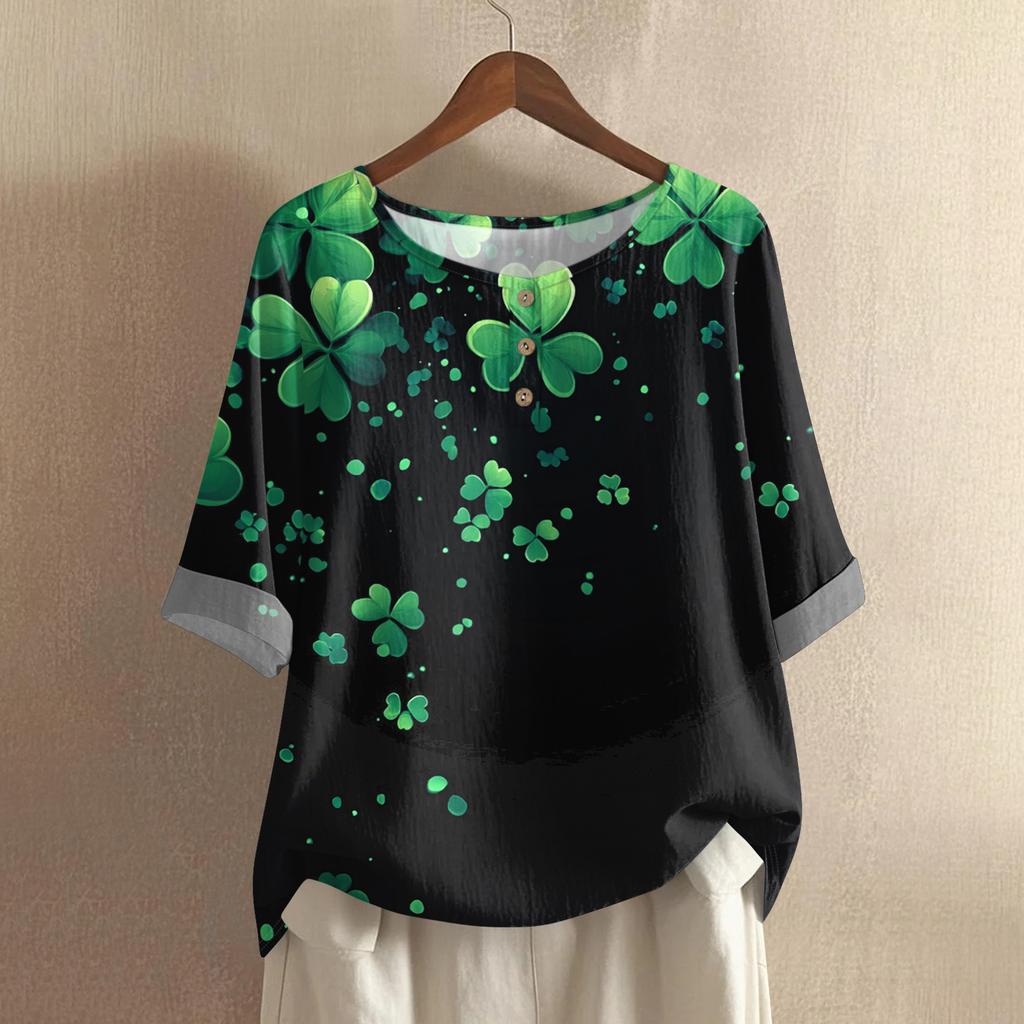 Women's Fashionable And Casual Shirt 3/4 Sleeve Round Neck Print Blouse Top