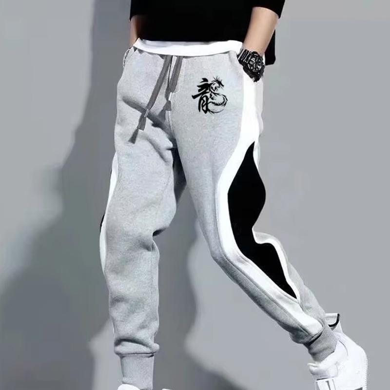 

Повседневные брюки с принтом дракона Мужская мода Уличные Повседневные Спортивные Облегающие Джоггеры Пэчворк Бег Тренировки Флис Спортивные штаны 4XL серый