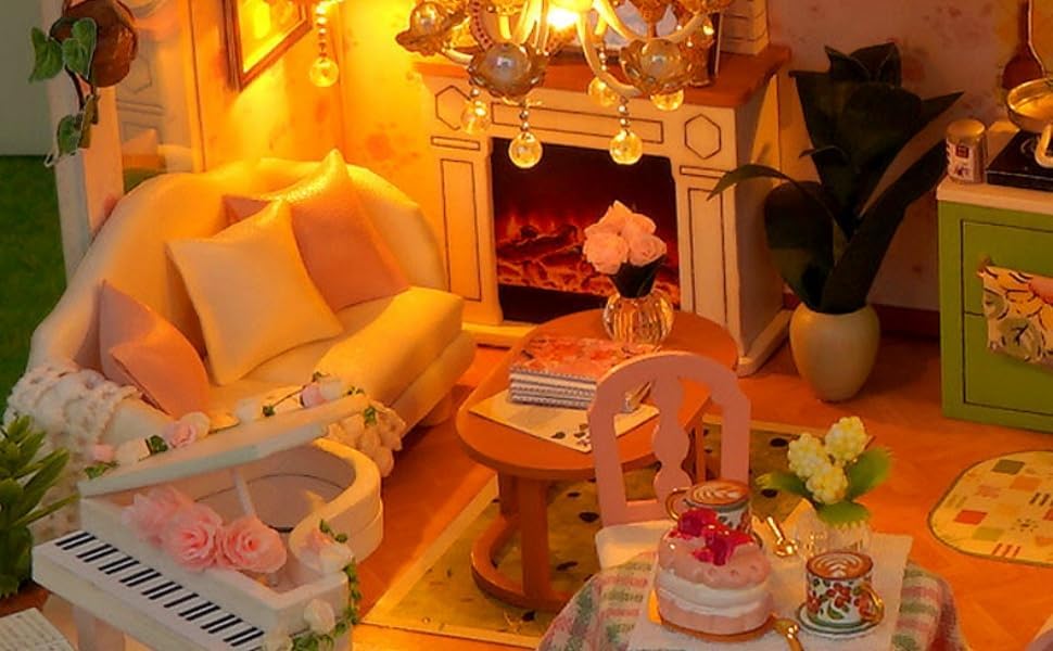 sofiey Dollhouse DIY Kit Set, Miniature Furniture Craft Kit with Instructions (Hana no Ma no Himitsugo + Dustproof Case + Music Box)