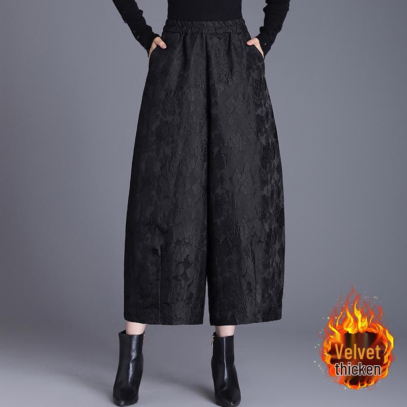 Dámské fleecem podšité embosované žakárové široké zkrácené tulipánové kalhoty - Plus Size, Podzim/Zima, Ležérní bootcut, Vysoká kvalita