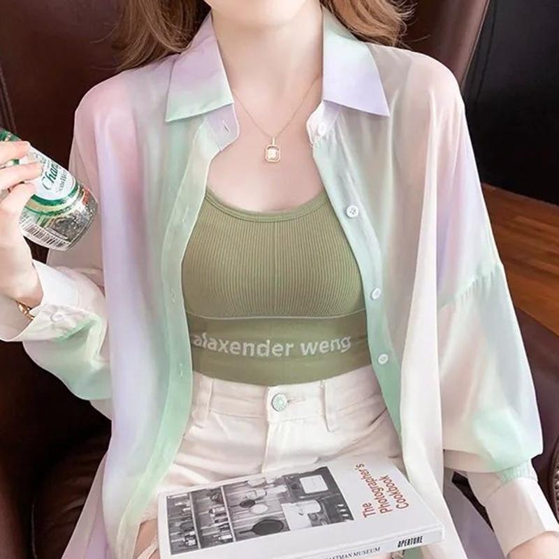 Turn-down Neck Long Sleeved Shirt And Blouses Gradient Rainbow Color See-through Thin Women Clothing Loose Top Shirt Casual